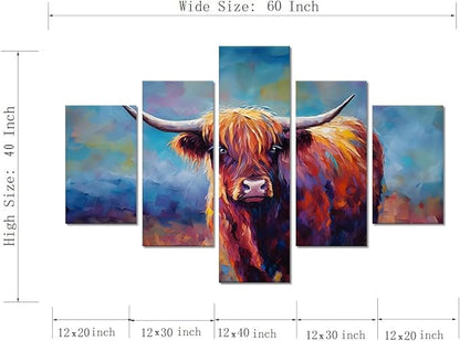 Yatsen Bridge Large Highland Cow Wall Art 5 Panels Graffiti Pictures Canvas Prints Modern Colorful Animal Posters Decor Artwork Living Room Home Office Decoration Framed Ready to Hang - 70''Wx40''H