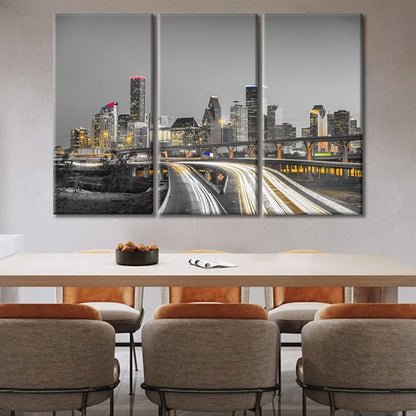 TUMOVO 3 Panel Houston Skyline Office Decor American Cityscape Pictures Black and White Wall Art Nighttime Skyscrapers Lightscape Artwork Posters and Prints Framed Ready to Hang (60" Wx40 H)