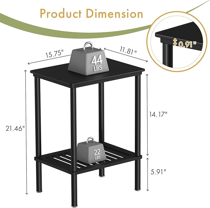 2 Tier Small Side Table, Bedside Table, Narrow Entryway Table, Bamboo End Table with Storage Shelf, Bedroom Nightstand, Mini Accent Table, Small Coffee Table, Plant Stand, Black