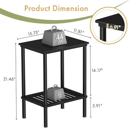 2 Tier Small Side Table, Bedside Table, Narrow Entryway Table, Bamboo End Table with Storage Shelf, Bedroom Nightstand, Mini Accent Table, Small Coffee Table, Plant Stand, Black