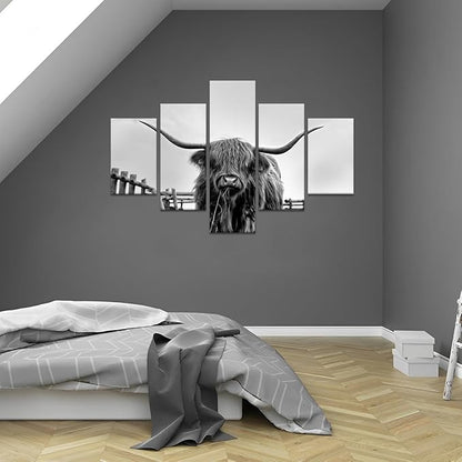 5 Panels Highland Cow Wall Art Farm Cow Pictures Canvas Prints Art Vintage Framed Black and White Animals Posters Wall Decor Artwork Living Room Bedroom Home Office Decoration - 60''W x 40''H