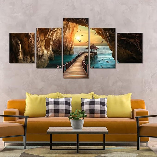 Yatsen Bridge 5 Piece Ocean Sunset Canvas Wall Art Seascape Pictures Seagulls Rock Landscape Home Decor for Living room Bedroom Wall Decoration Framed Ready to Hang - 60''W x 32''H