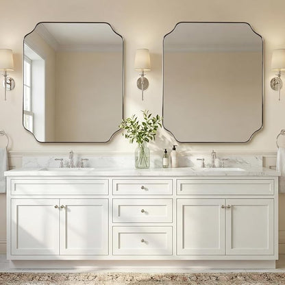 ANDY STAR 30x36 Inch Brushed Nickel Mirror, Silver Bathroom Mirror for Over Sink, Rounded Notched Corner Mirror in Anti-Rust Stainless Steel Metal Thin Frame, Wall Mount Vertically or Horizontally