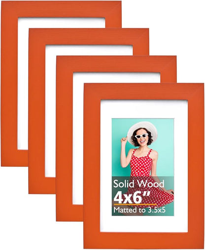 KINLINK 4x6 Frame Orange, Solid Wood 4 x 6 Picture Frame with Acrylic Plexiglass for 3.5x5 with Mat, Tabletop and Wall Display Photo Frames 4x6 Orange, 4 Pack