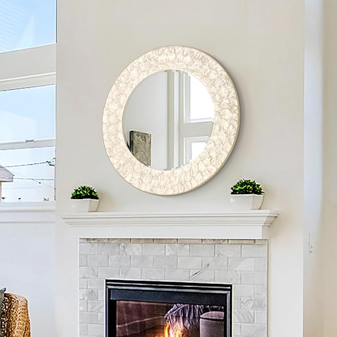 Capiz Shell Round Mirror, 30'' Coastal Mirror with Natural Capiz Seashell Frame, Decorative Circle Wall Mirrors for Living Room Mantel Bathroom Entryway