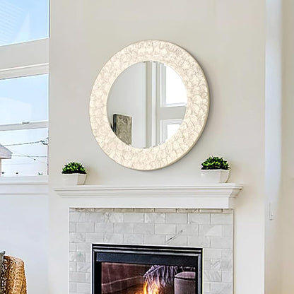Capiz Shell Round Mirror, 30'' Coastal Mirror with Natural Capiz Seashell Frame, Decorative Circle Wall Mirrors for Living Room Mantel Bathroom Entryway