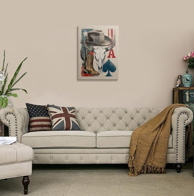 Vintage Western Canvas Wall Art Framed Rustic Cowboy Artwork Print Poster with Texas Flag Steer Skull Cowboy Hat Boots Desert Cactus Wall Decor for Farmhouse Home Office 16x24 Inches