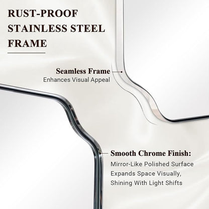 ANDY STAR 30x48 Inch Chrome Mirror, Large Polished Chrome Rectangle Mirror, Scalloped Edge Design with Anti-Rust Stainless Steel Metal Thin Frame Deep 1’’, Wall-Mount Vertically or Horizontally