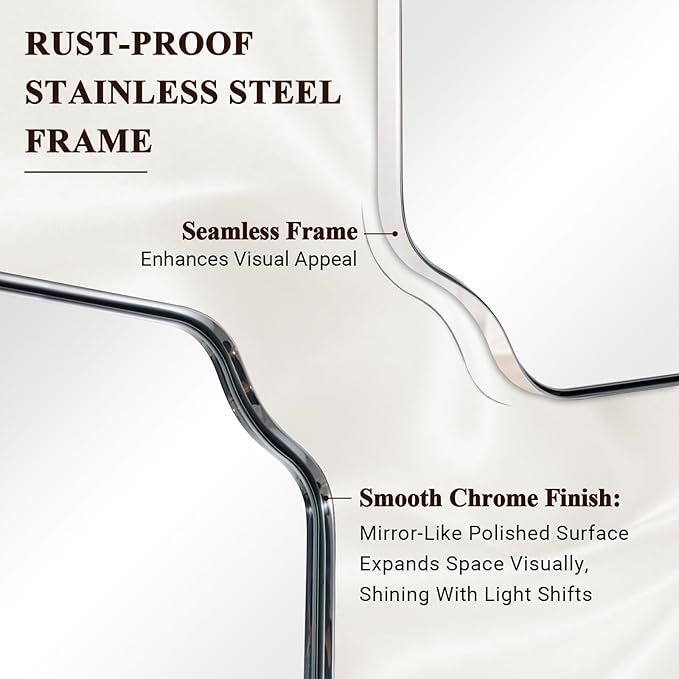 ANDY STAR 36x48 Inch Chrome Mirror, Large Polished Nickel Rectangle Mirror, Scalloped Bathroom Mirror in Anti-Rust Stainless Steel Frame Deep 1’’, Rounded Notched Corner, Vertically/Horizontally