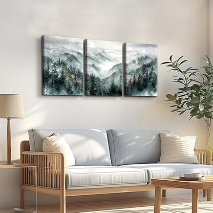 TTHYUEWS Wall Decor For Living Room 3 Piece Canvas Art Prints Wall Art For Bedroom Office Decor Mountain Forest Landscape Wall Pictures Watercolour Paintings Artwork Ready To Hang Home Decoration