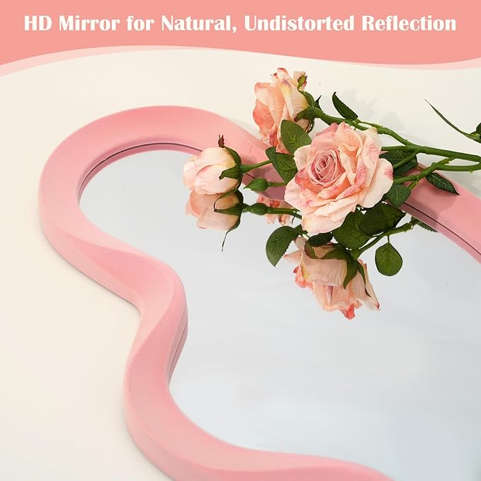 Wavy Mirror Wall Decor for Living Room, 13.8x29.7 Asymmetrical Wall Mounted Mirror with Velvet Touch for Girly Bedroom Decoration, Unique Home Accent for Modern Room Aesthetics (Light Pink)