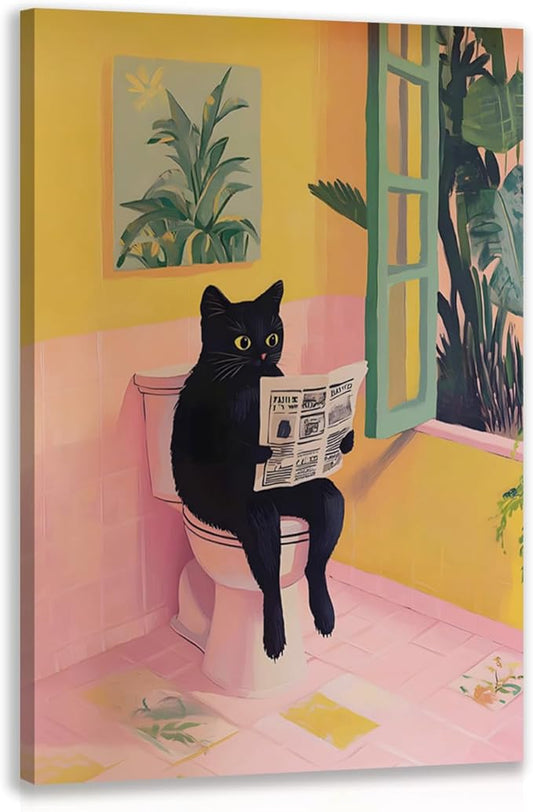 Cyebmo Funny Bathroom Wall Art, Cute Black Cat Sitting on Toilet Reading Newspaper Wall Decor, Whimsical Pink Abstract Animal Wrapped Canvas Artwork for Bathroom Kid's Restroom Bedroom 16x24 Inch