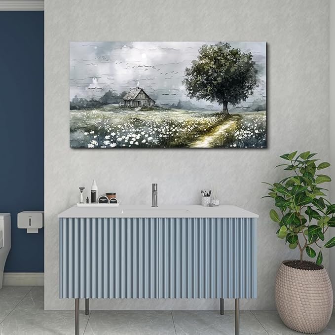 ERQINHUA Gray Canvas Wall Art For Living Room Farmhouse Wall Decor For Bedroom Office Decorations Field scenery Paintings Tree Landscape Wall Pictures Artwork Ready to Hang for Home Decor 20"X40"