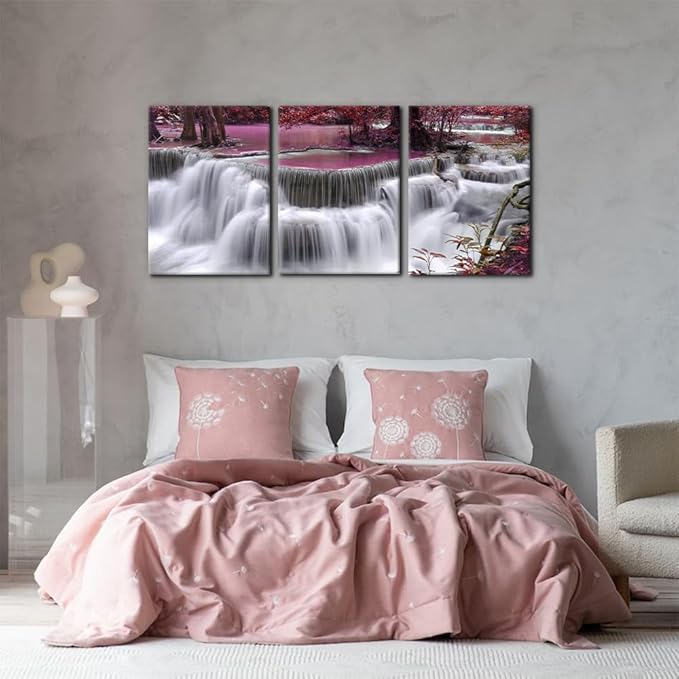 Pacimo Red Forest Canvas Wall Art 3-Piece Waterfall Canvas Print Set - Landscape - 20"x28"x3 Panel - Ready to Hang - Home & Office Decor