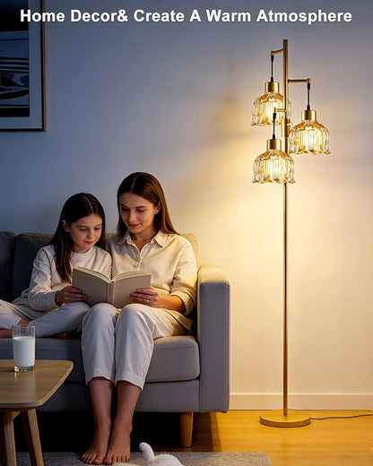 3-Light Modern Glass Floor Lamp, Gold Standing Tall Lamp with Amber Vertical Rib Glass Shade for Reading, Dimmable LED Floor Lamp with 5Lbs Heavy Base for Living Room Bedroom Home Decor, Bulb Included
