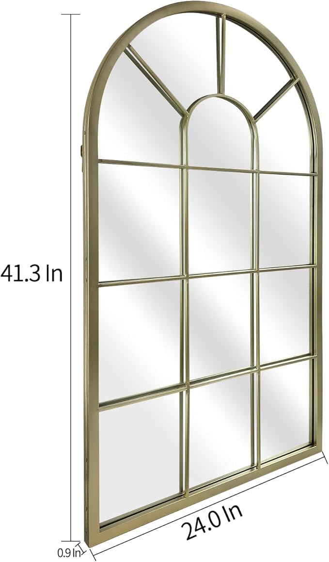 HQiJun Wall Mirror Window Decorative Mirrors Arched Farmhouse for Living Room Bedroom Entryway Bathroom Vanity (Gold, 41.3" x 24" x 1")