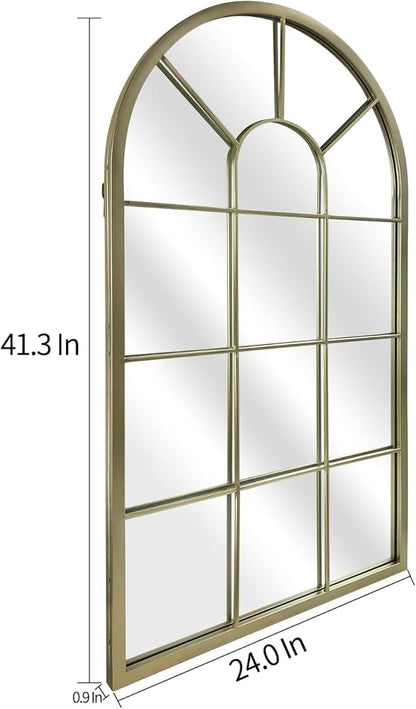HQiJun Wall Mirror Window Decorative Mirrors Arched Farmhouse for Living Room Bedroom Entryway Bathroom Vanity (Gold, 41.3" x 24" x 1")
