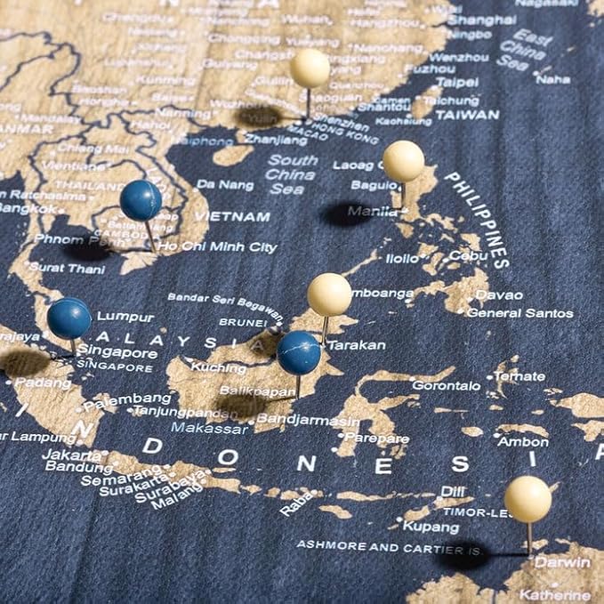 Conquest Maps World Travel Map with Pins Deep-Sea Drift Style Push Pin Travel Map Cork Board, Track Your Travels w/a Handmade Unique Canvas Pinable Map (36" x 24")