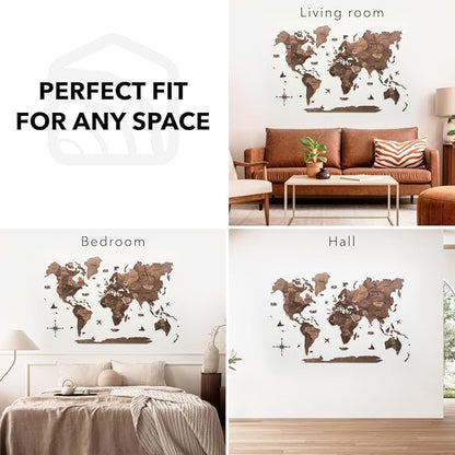 Enjoy The Wood 3D Wooden World Map Wall Art - Large Travel Map with Pins for Art Decor - Decorative Map of the World for Home, Office - Travel Wall Art Housewarming Gift Idea (Dark Walnut, 3XL, Unframed)