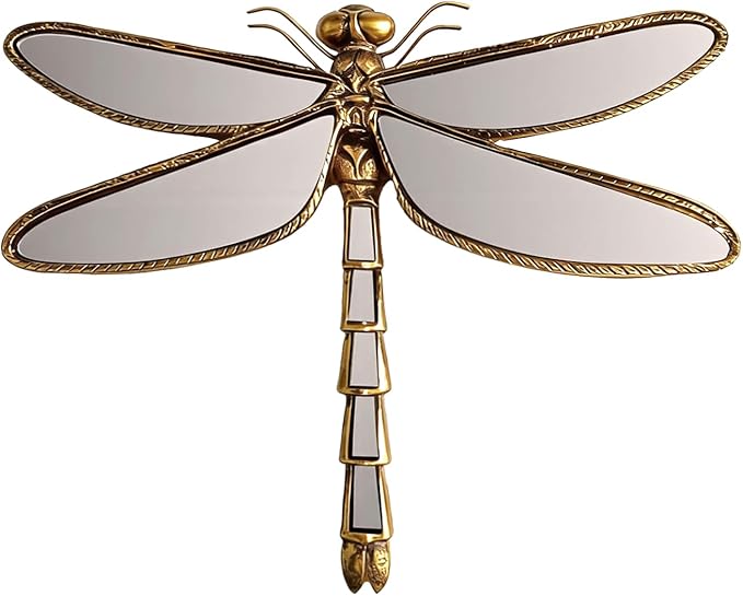 Dragonfly Wall Mirror Decor, Butterfly Art Wall Mirrors, Retro Gold Resin Decorative Wall Mirror, Creative Home Decoration for Living Room Bedroom (Dragonfly)