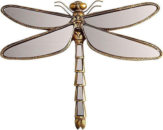 Dragonfly Wall Mirror Decor, Butterfly Art Wall Mirrors, Retro Gold Resin Decorative Wall Mirror, Creative Home Decoration for Living Room Bedroom (Dragonfly)