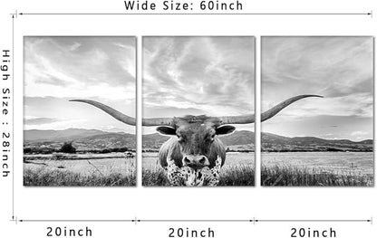3 Panels Animal HD Painting Canvas Prints Highland Cow Wall Art Texas Longhorn Steer in Rural Utah Art Modern Wall Art Painting for Living Room Home Decor, Framed and Stretched 20" W x 28" Hx3pcs