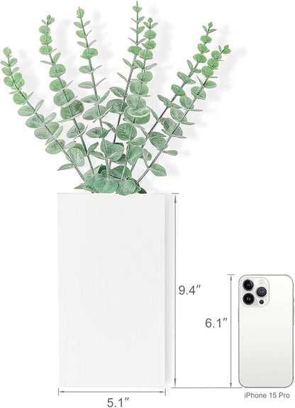 Dahey 2 Pack Wood Wall Planter Vase with Artificial Eucalyptus Farmhouse Wall Hanging Decor Pocket Planter for Indoor Fake Plants Greenery Flowers Living Room Bedroom Kitchen Home Decoration, White