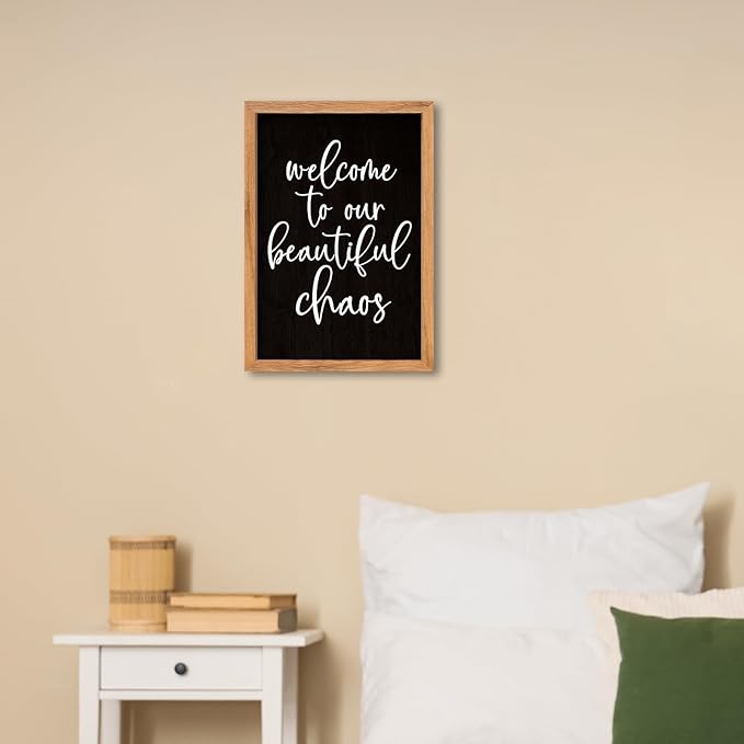 AuraPeak Welcome To Our Beautiful Chaos Sign Home Living Room Wall Decor Modern Family Rustic Farmhouse House Entryway Bedroom Hanging Horizontal Plaque Wall Art (Wood Black 16"×11")