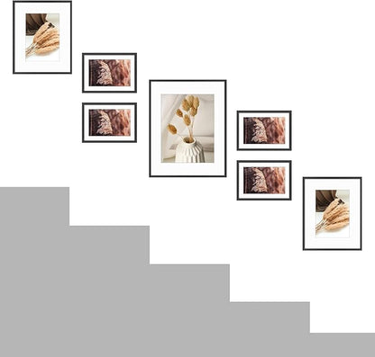 Golden State Art, Aluminum Gallery Wall Frame Set of 7 - Includes One 11x14, Two 8x10, and Four 5x7 - Metal Frames with Mat & Real Glass Cover for Elegant Home or Office Decor (Style 2, Black)