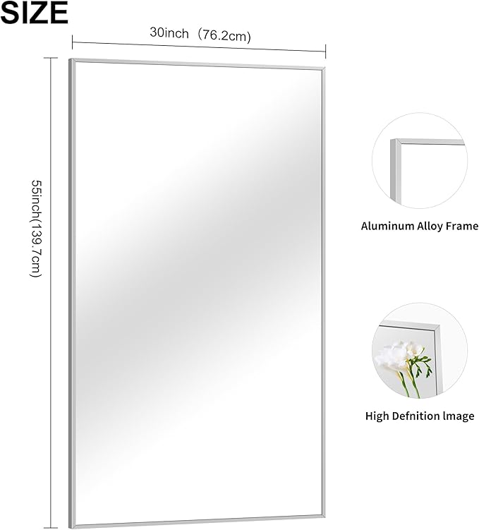 COFENY 30x55In Silver Bathroom Mirror for Wall, Brushed Nickel Rectangle Mirrors with Metal Frame, Bathroom Rectangular Mirror Modern Wall Mirror for Bedroom Living Room, Hangs Horizontal or Vertical