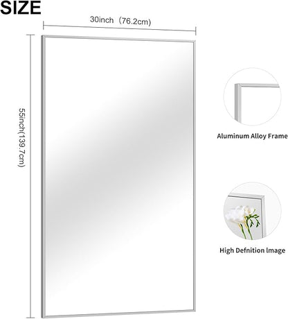 COFENY 30x55In Silver Bathroom Mirror for Wall, Brushed Nickel Rectangle Mirrors with Metal Frame, Bathroom Rectangular Mirror Modern Wall Mirror for Bedroom Living Room, Hangs Horizontal or Vertical