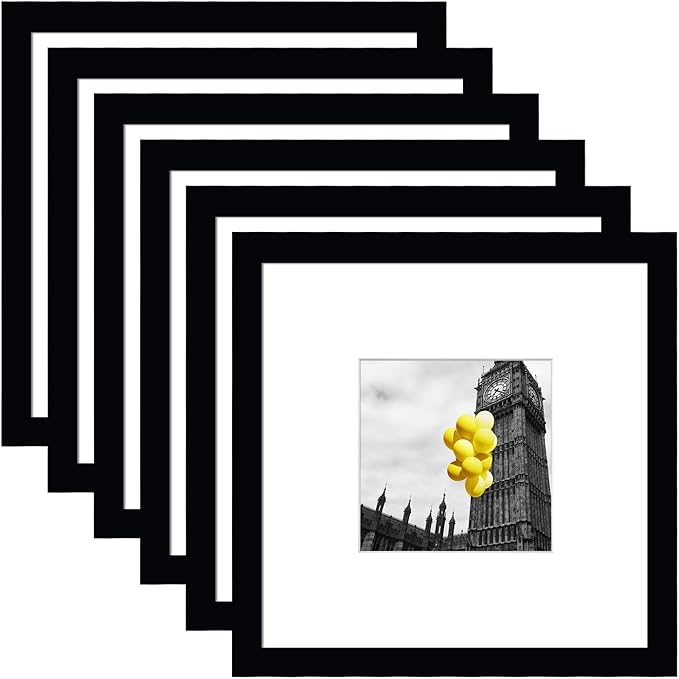 8x8 Picture Frame Set of 6, Display Pictures 4x4 with Mat or 8x8 Without Mat, Tabletop Display and Wall Hanging Photo Frame, Collage Wall Decor Gallery Wall Frame Set, Black