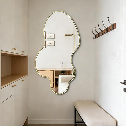 Irregular Mirror, 46.5"x24" Asymmetrical Mirror, Gold Metal Frame Abstract Wall Mirrors Decorative, Modern Odd Shaped Mirrors for Living Room Bathroom Bedroom Hallway Entryway Fireplace