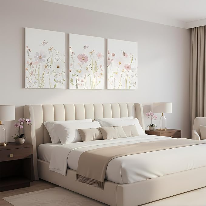 Yxjyzzkx Floral Canvas Wall Art Set of 3, Botanical Triptych Canvas Prints Wall Decor, Soft Pastel Flower Painting for Living Room Bedroom Bathroom, Waterproof Fade Resistant, 16x12 Inch Each