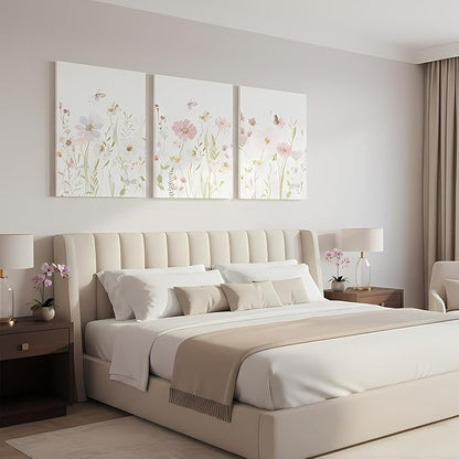 Yxjyzzkx Floral Canvas Wall Art Set of 3, Botanical Triptych Canvas Prints Wall Decor, Soft Pastel Flower Painting for Living Room Bedroom Bathroom, Waterproof Fade Resistant, 16x12 Inch Each