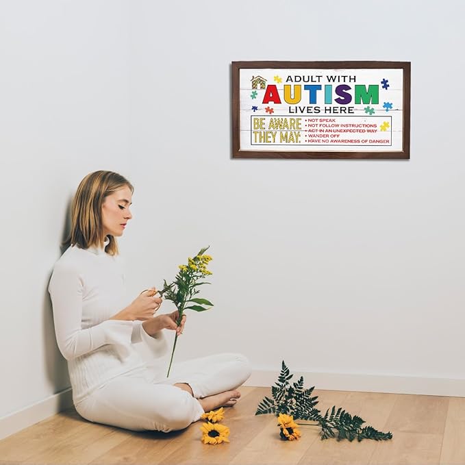 Colorful Autism Awareness Sign, Wall Decor Art, Modern Farmhouse Wood Signs, Autistic Support Wooden Plaque for Home, Wooden Framed Wall Decor, Adult with Autism Lives Here Sign 15×7.5×0.3 inches