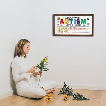 Colorful Autism Awareness Sign, Wall Decor Art, Modern Farmhouse Wood Signs, Autistic Support Wooden Plaque for Home, Wooden Framed Wall Decor, Adult with Autism Lives Here Sign 15×7.5×0.3 inches