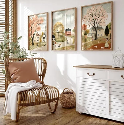 Autumn Wall Art Set of 3 Boho Vintage Cozy Rustic Autumn Tree Small Town Scene Walking Figure Dog Warm Tone Home Living Room Bedroom Nature-Themed Stylish Interior Decor Accent 12x16 Inch Unframed