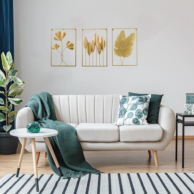 GSANMU Modern Metal leaf Wall Decor - 3 Pcs Yellow Large Hanging Wall Art Home Nature Decor for Indoor,Living Room, Office and Hotel 23.6×15.7 inch