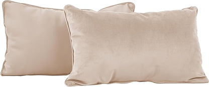 FDP 12" x 20" Velvet and Vinyl Rectangle Lumbar Pillow Set with Piping Decorative Throw Pillow for Home Dcor in Living Room, Bedroom or Lounge (2-Pack) - Beige, 15163-340