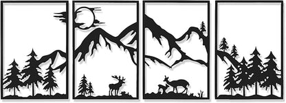 AMAATE Nordic Forest Deer Metal Wall Art Set of 4, Black Iron Animal Silhouette Wall Decor with Mountain and Pine Tree Designs, Minimalist Nature Themed Art for Living Room, Bedroom, Cabin Decor,11" X 14.6"