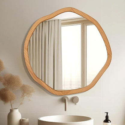 ULIKE Round Wood Mirror, 24 Inch Irregular Circle Vanity Wall Mirror with Wooden Frame, Rustic Decorative Wall Mount for Bathroom Bedroom Living Room Entryway, Natural