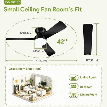2 Pack 42" Black Ceiling Fans with Lights and Remote, Low Profile Ceiling Fan with Light, Reversible DC Motors, 3CCT Dimmable Timer Noiseless, Flush Mount Ceiling Fan for Bedroom/Living Room