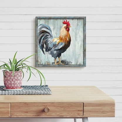 Rooster Wooden Wall Art Decor: Farm Cock Picture Country Animal Framed Artwork Rustic Farmhouse Chicken Painting is the Perfect Combination of Energy Nature for the Kitchen Bedroom 20"x20"