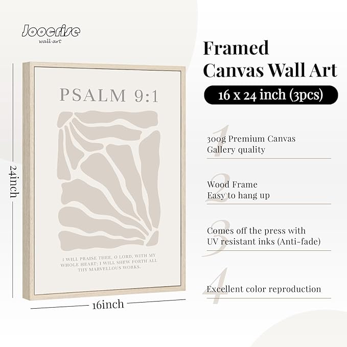 Scripture Christian Wall Art Set of 3 Beige Bible Verses Wall Decor Neutral Psalm Canvas Wall Art Modern Pictures Flower Prints Christian Artwork for Living Room Bedroom 16x24 Inch Framed