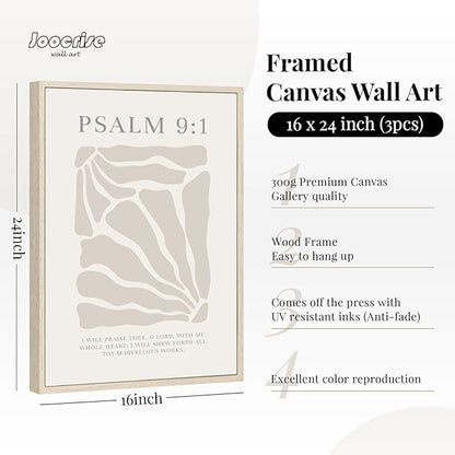Scripture Christian Wall Art Set of 3 Beige Bible Verses Wall Decor Neutral Psalm Canvas Wall Art Modern Pictures Flower Prints Christian Artwork for Living Room Bedroom 16x24 Inch Framed