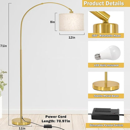 Gold Arc Floor Lamp, Dimmable Floor Lamp for Living Room, Mordern Standing Light with Adjustable Lamp Head, Tall Pole Lamp Over Couch Arched Light for Reading, Bedroom, Office, 9W LED Bulb Included