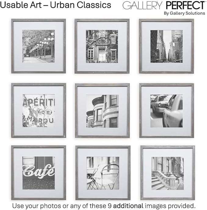 GALLERY PERFECT 12x12 Picture Frames, 9 Piece Set with Real Glass Cover for 8x8 Photos With Mat, Picture Frames Collage Wall Decor for Gallery Wall, Home Decor, Grey