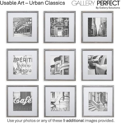GALLERY PERFECT 12x12 Picture Frames, 9 Piece Set with Real Glass Cover for 8x8 Photos With Mat, Picture Frames Collage Wall Decor for Gallery Wall, Home Decor, Grey