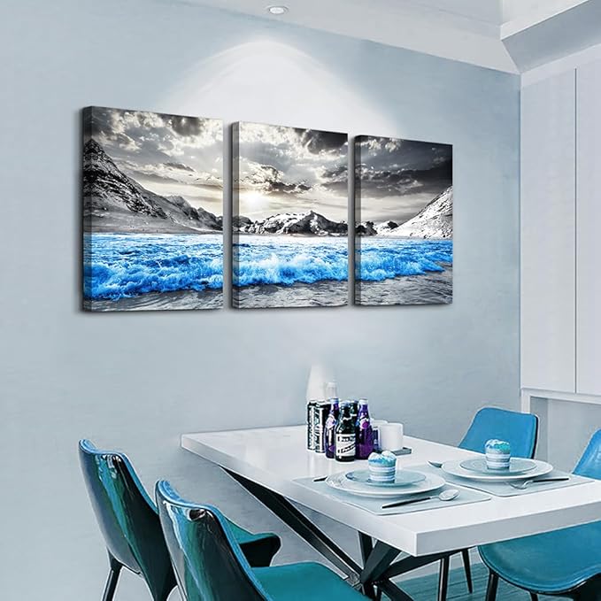TTHYUEWS Framed Canvas Wall Art For Bedroom Modern Home Decor - 3 Piece Black And White Beach Wall Paintings Blue Ocean Sea Wave Pictures Posters Artwork